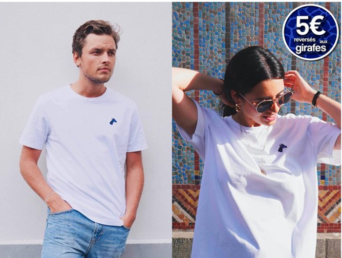 T-shirt coton bio brodé blanc - girafon bleu