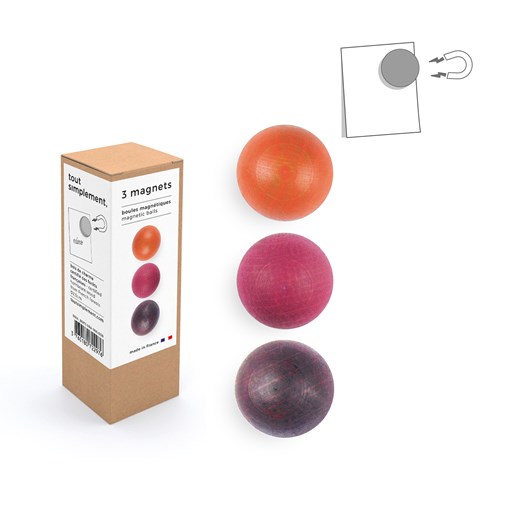 Boîte de 3 boules magnétiques en bois : orange - rose - bordeaux