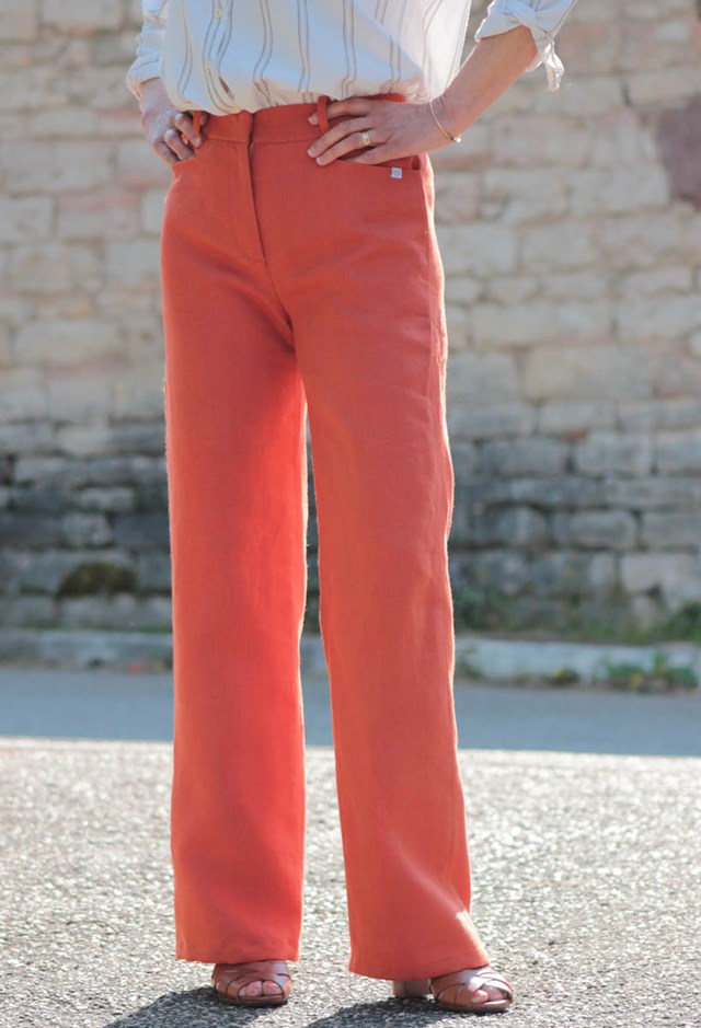 Pantalon large en lin orange - Fabrication française - C.Bergamia - Vue de face