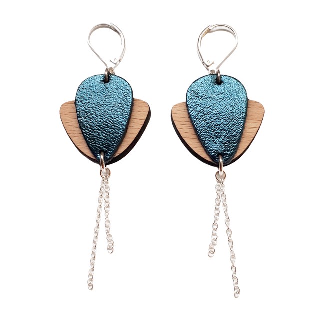 Boucles d'oreilles en bois et cuir Magnolia bleu pétrole 5