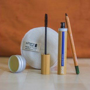 Coffret maquillage zéro déchet - Crayon, mascara, baume à lèvres et cotons lavables