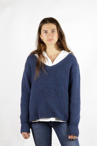 Pull Ficus bleu jean , laine 100% recyclée made in France  -