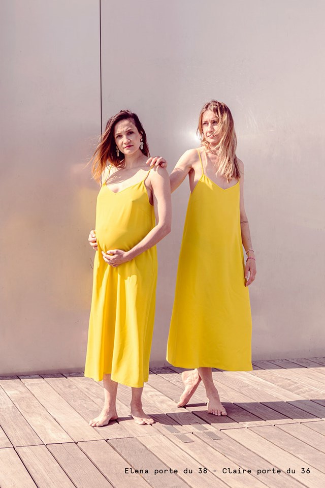 Naissance publique robe de grossesse jaune esprit lingerie fabriquée en France dans un tissu upcyclé