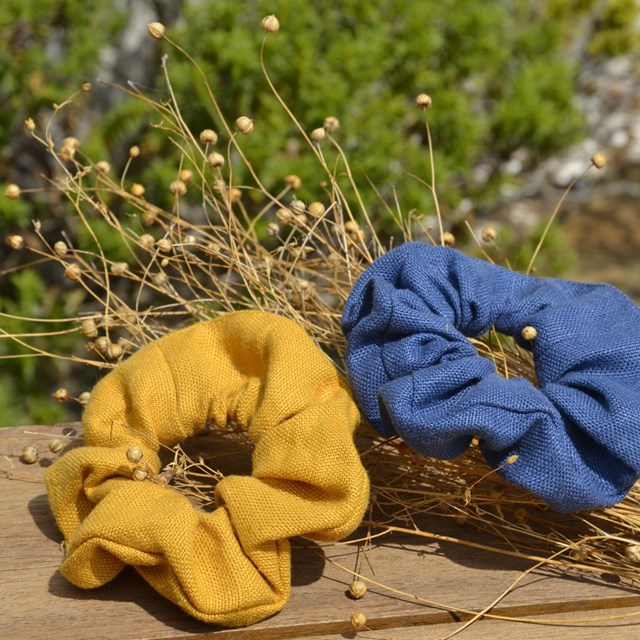 Chouchous en lin jaune et bleu